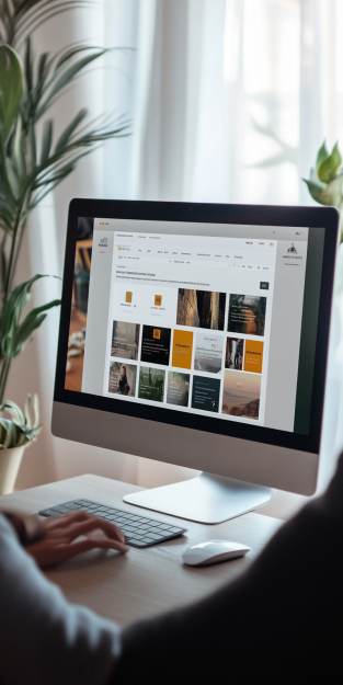 A minimalist desk setup with a laptop displaying an ad revenue dashboard, next to a cup of coffee. The background includes a bright, modern office with natural lighting and green plants.