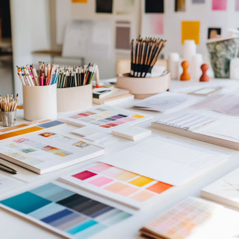A modern brand design workshop, featuring a desk with branding materials like logos, color palettes, and design tools. The environment includes a creative atmosphere with pastel tones and professional branding details.