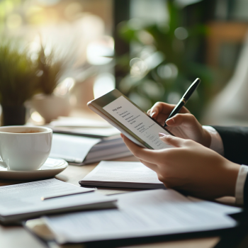 A person carefully reading legal documents on a tablet while sitting in a professional office. The desk features a cup of coffee, a pen, and a notebook, surrounded by a calm and organized workspace.