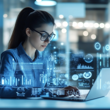A professional workspace with a person analyzing a laptop displaying social media analytics, graphs, and charts. The background shows a clean office environment with subtle blue and white tones, emphasizing productivity and focus.