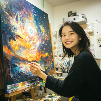 女性がキャンパスに絵を描く