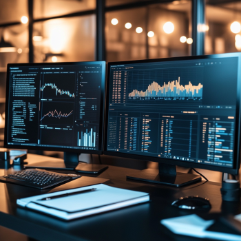 An analytics-focused scene with dual monitors showing website traffic data, revenue graphs, and user demographics. The desk features clean, professional items like a notebook and pen, with ambient lighting in a high-tech office.